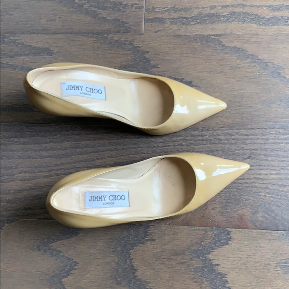 Jimmy Choo Patent Leather Pointed Toe Pumps in Mustard